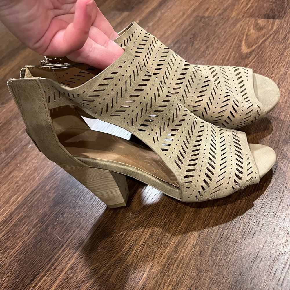 Qupid Tan Heels with Woven Design